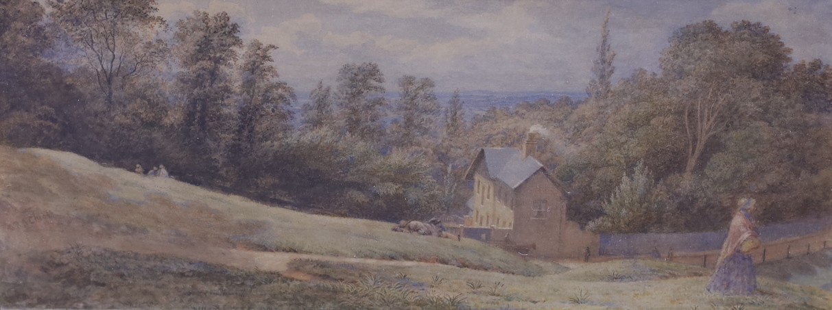 Richard Augustus Clack (1804-1881), watercolour, 'Hampstead Heath from Terrace Walk, Noon 1866', inscribed verso, 15 x 37cm